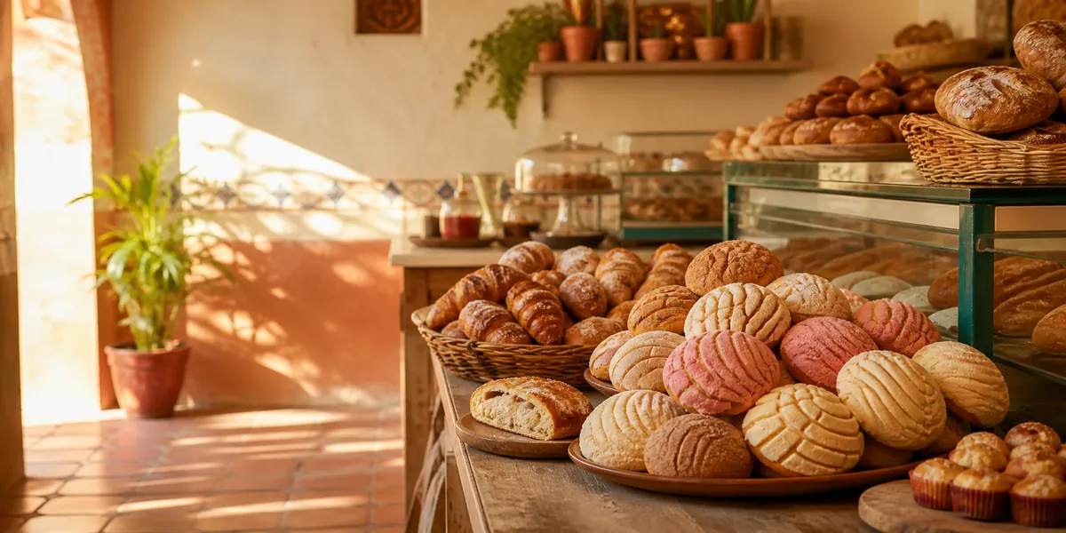 Pan dulce y pan artesanal en una panadería cálida